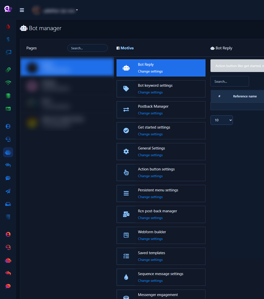 Bot Manager settings cards including Persistent Menu Settings