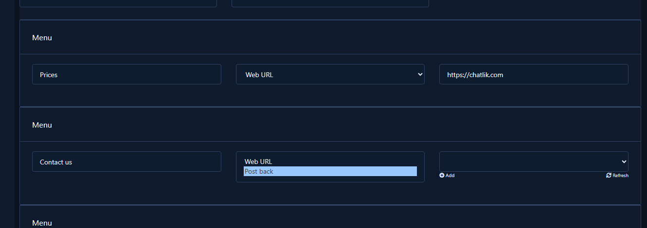 Action type choices Web URL and Post back clearly visible