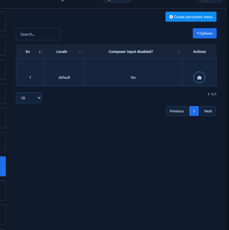 Options dropdown with Publish Persistent Menu and Remove Persistent Menu