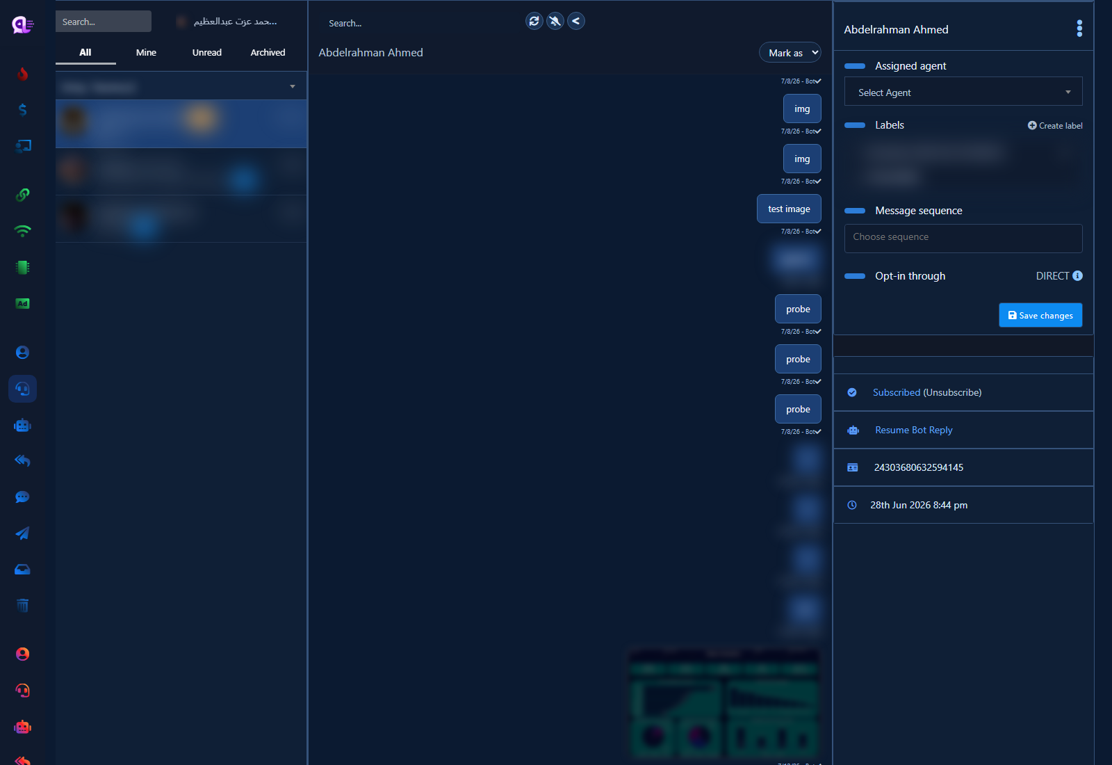 Messenger Live Chat list with an open thread